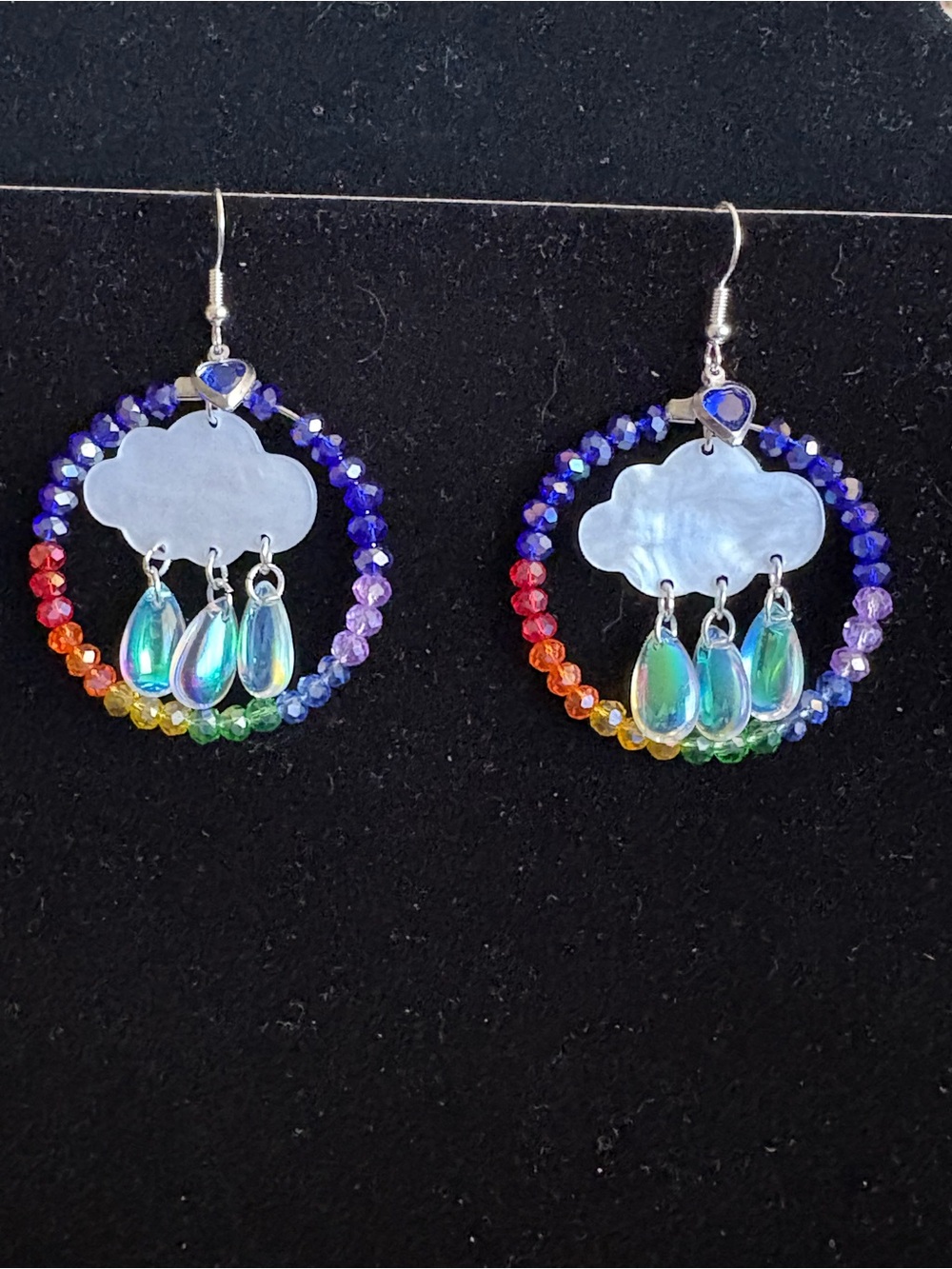 Rainbow Beaded Hoops With Cloud And Rain Drop Charms Dangle silver hook Earrings